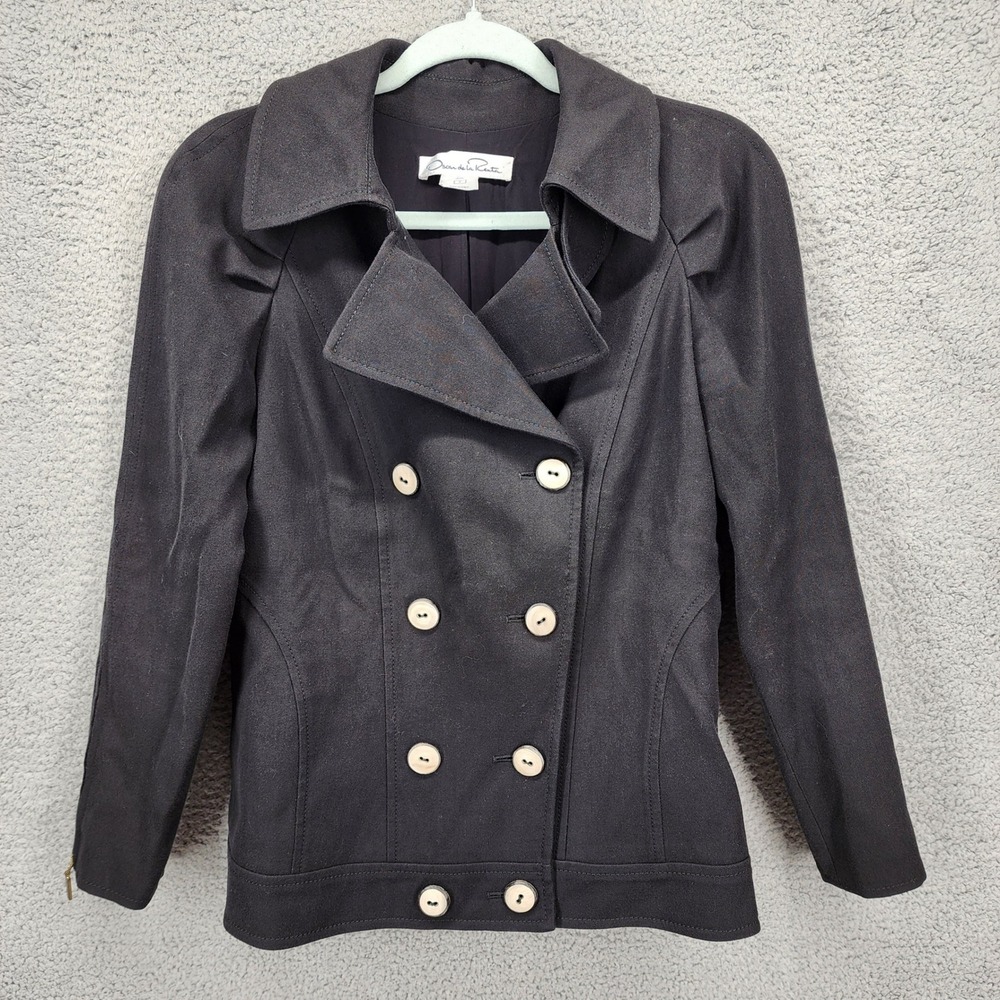 Oscar de la Renta Black Wool Silk Lined Double Breasted Jacket Made in Italy 2